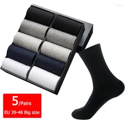 Meias masculinas 5 pares/lote algodão preto negócios homens macio respirável verão inverno para masculino tubo médio plus size 46 47 48