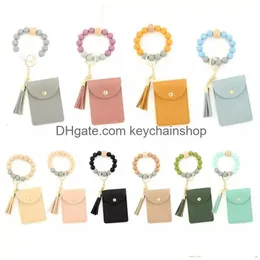 Ups 2022 New Sile Bead Bracelet Party Favor Solid Color Card Bag Key Chain Wallet Leather Tassel Mti Slot Change Drop Delivery Dhbri