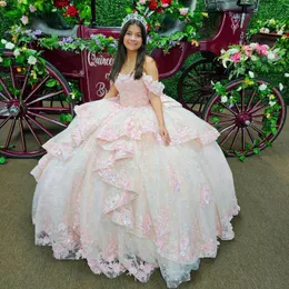 ピンクの光沢のあるボールガウンQuinceanera Dress 2024 3D Floral Appliques Beads Princess Tulle Vestidos de 15 Anos Birthday Party Sweet 16 Dress