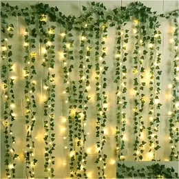 Verde floral falso 2. Planta artificial falsa por folha verde hera videira 2m luzes de corda led para casa festa de casamento parede ha homefavor dh5em