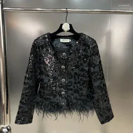 Kurtki damskie PREPOP 2023 Autumn Winter Collection Feathers Patchwork Black Carzy Tweed Kurtka Kobiety Kobiety GG799