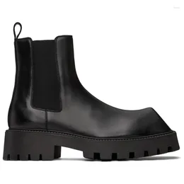 Boots Black Square Head Rhinoceros Horn Men's Stylish Winter Retro Ankle Casual High-top Shoes Wear-resistant