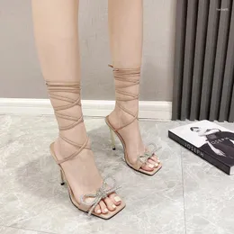 Sandali con strass Bowknot cinturino alla caviglia stiletto da donna tinta unita punta quadrata scarpe da gladiatore moda estiva festa sexy