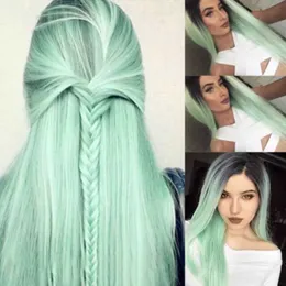 Pelucas sintéticas para mujer, cubierta de cabeza de fibra a la moda, color verde menta, pelo largo y liso dividido