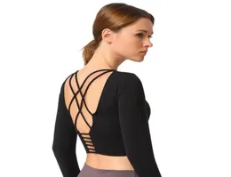 Kitas Yoga Top Yoga Shirt Long Sleeve Crop Top Sexy Cross 스트랩 여성 스포츠 셔츠 피트니스 체육관 달리기 여성 Nylon Tshirt646779