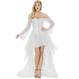 Bustini Corsetti Abito corsetto bianco Abito da donna sexy con spalle scoperte Maniche lunghe in pizzo con gonna Costume da sposa vittoriano236g