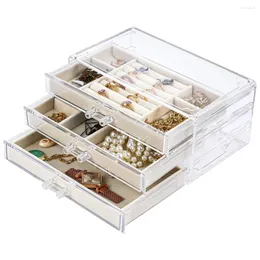 Caixas de armazenamento de plástico com 3 gavetas, caixa de joias removível de 3 camadas, organizador de brincos, capa transparente com bandejas de veludo para mulheres, suporte de exibição