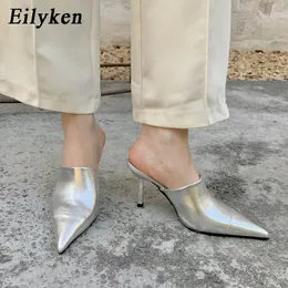 Тапочки Eilyken, модные серебряные женские тапочки, летние шлепанцы без шнуровки на тонком низком каблуке с острым носком, 231027