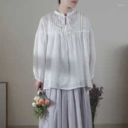 Kvinnors blusar johnatur linne snörning japansk skjorta kvinnor sommar 2023 lös version kort ärm veckad tunn fast färg casuall skjortor