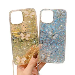 Ładne motyle Apple Cell Phone Case Luksusowe obrony telefonu komórkowego Rhineston dla iPhone'a 15 14 Pro Max 13 12 Plus łańcuch kryształowych opasek na nadgarstek