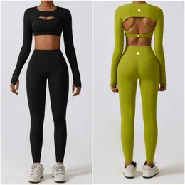 LU LU LEMONS Yoga Womens Outfit Sets Three Pieces Sleeve Shirts Vest Pants Trousers Excerise Sport Gym Running Long Pant Elastic High Waist Sportwear wea