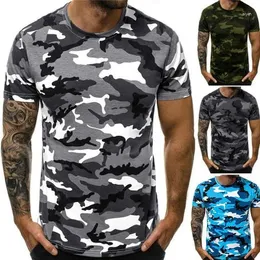 Herr t-skjortor mode sommar t-shirt kort ärmskjorta med motiv rund hals smal kamouflage t-shrit