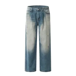 Streetwear délavé rétro jean blanchi homme pleine longueur ample droit Denim pantalon large quatre saisons