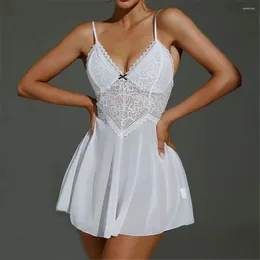 Indumenti da notte da donna 2023 Per le donne Abito da notte in pizzo Tentazione Bianco Maglia sexy Profondo scollo a V Prospettiva Camicia da notte Camicie da notte