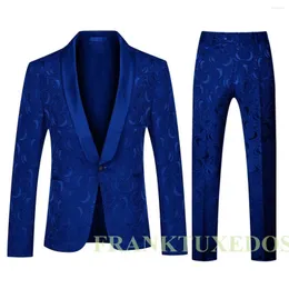 Herrenanzüge Männer Hochzeitskleid 2023 Slim Fit Rauchen Königsblau Jacquard Smoking Jacke Bräutigam Formeller Anzug Herren 2 Stück Mann