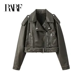 Women's Leather Faux Leather RARF Coal graysty le Women's washed leather jacket with belt short coat with downgraded zipper and vintage lapel jacket 231027