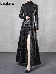 Women's Leather Lautaro Autumn Extra Long Black Shiny Reflective Crocodile Print Patent Faux Trench Coat For Women With Side Double Slit