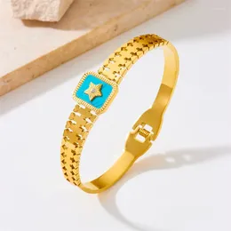 Bangle 316L Stainless Steel Temperament Metal Vintage Five Point Star Turquoise Square Women's Bracelet