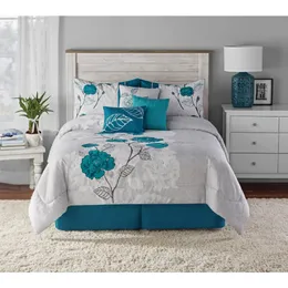 Bedding sets 7 Piece Teal Roses Comforter Set Full Queen with Embroidered Applique Detail 231027