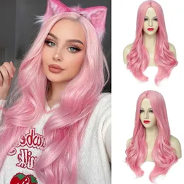 Perucas sintéticas cabelo encaracolado de comprimento médio feminino com ondas grandes mecanismo de malha rosa peruca de várias cores disponíveis