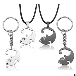 Chaveiros Lanyards 2 Pcs Puzzle Cat Keychain para Mulheres Um Par de Amante Casal Animal Matching Pingente Presente de Dia dos Namorados Design Único Judeu Dhucv