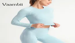 Ribbed Farbic Crop Top Workout Flexible Fourway Knit Yoga Tops Seamless Athletic Women Long Sleeve Sports Tops Gym1586561