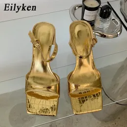 Slippers Eilyken Design Gold Silver Women Slipper Elegant Square Toe Low Heels Sandal High Quality Buckle Slip On Dress Shoes 231027
