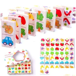 Blocks 28pcs Wooden Domino Fruit Animal Recognize Dominoes Games Jigsaw Montessori Children Learning Education Puzzle Baby Toy 23051 Dhmxm
