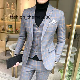 Instocks męskie apartamenty gotowe do wysyłki na szary kolor urodzin Tweed garnitur trzyczęściowe eleganckie ubrania w szachownicze garnitury
