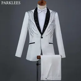 Mens Suits Blazers Stylish Crystal Embroidery White Suit Men Patchwork Shawl Collar One Button Suits Pants Men Wedding Party Tuxedo Costume Homme 231027