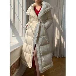 Women's Down Parkas Women's Down Parkas Turtleneck Hooded Down Parkas Women Long White Down Coats High-end Fashion Thick Warm Slim Belted Winter Puffer Jacket YQ231028