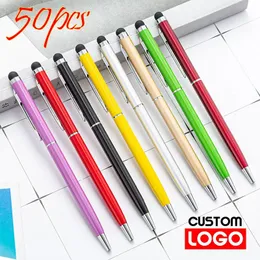Ballpoint Pens 50 paczek 13 color mini metal 2In1 Stylus Universal Pen Niestandardowe reklama grawerowanie tekstu 231027