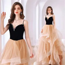 Party Dresses Fashion Glitter Spaghetti Straps Pleated Organza Prom Dress A Line Sequined Evening Multi Layered Guest