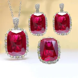 Halsbandörhängen Set Foydjew Luxury Elegant Simulation Ruby Red Pendant Halsband Ringar för kvinnliga europeiska amerikanska mode