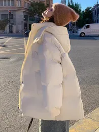 Kobiety w dół Parkas Korean Winter Parka Jackets Solidny płaszcz do mody ciepły, wielka kieszeń z kapturem luźna kobieta swobodna Abrigo Mujer 231027