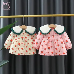 Down Coat Winter Baby Girl Strawberry Cotton Clothes Cashmere Thickened Jacket Windproof Warm Children Costume Sweet Toddler 0 To 3 Y 231027