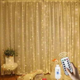 300 LED 원격 제어 크리스마스 커튼 조명 플러그 in Fairy Curtain Lights 야외 창 벽 매달이 끈 조명 침실 배경 파티 실내 장식