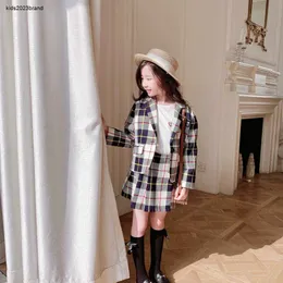 New Girls Preppy Style Kids Set Spring Baby Jacket With Skirt 2pcs Suits Tops Contrast plaid large lapel jacket and short skirt