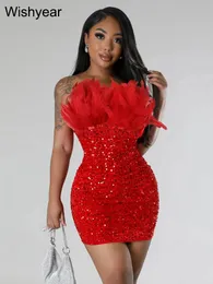 Urban Sexy Dresses Year Glitter BodyCon Backless Short Birthday Party Club Outfits For Women Sparkly Red Paljett Miniklänning med fjädrar Luxury 231027