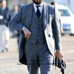 Ternos masculinos blazers masculinos inverno espinha de peixe tweed masculino para o noivo casamento smoking lã 3 peça jaqueta colete calças conjunto formal negócio
