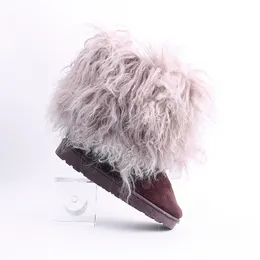 Autumn New Women's Outdoor Warm grey brown Boots Beach Wool Medium Tube Fur Integrated Snow Boots Women size 36-44