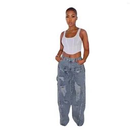 Calças femininas borla buraco jeans mulheres cintura alta botão solto casual denim calças y2k streetwear moda todos os bottoms combinando