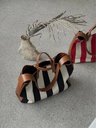 Evening Bags FIRMRANCH High Quality Contrast Stripe Canvas Panel Top Layer Cowhide Handheld Tote Large Capacity Shoulder Lady Shopping Bag