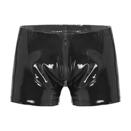 Underpants S5XL Sexy Men Boxer Short Fetish Underwear Panties Shiny Patent Leather Exotic Zipper Metallic Shorts Swimwear Beach 231027