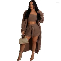 Kvinnors träningsdräkter Solid Rib Sticked 3 Piece Set Women Axless Crop Top Full Sleeve Long Sweater Cardigan With Belt Matching Shorts