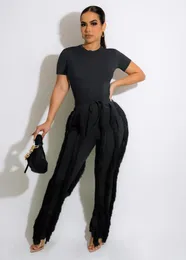 Женские брюки из двух предметов Zoctuo, сексуальные однотонные женские комплекты, 2 комплекта, кружевной топ с кисточками, топ с короткими рукавами и длинный спортивный комплект, повседневный уличный танец