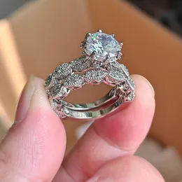 Choucong marca anéis de casamento jóias vintage 925 prata esterlina corte redondo branco topázio cz diamante pedras preciosas casal feminino anel de noiva conjunto para presente do amante