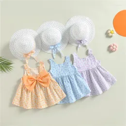 Flicka klänningar 2st/set sommar baby hänge barn kläder kostym blommor båge mode småbarn barn kostym skicka hatt 0 till 3 år