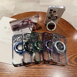 Luksusowe poszycie przezroczysty obrotowy wspornik pierścienia stojak magnetyczny dla magsafe skrzynki z aparatem soczewki szklane okładka na iPhone'a 15 14 13 13 11 11 Pro Max
