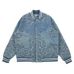 Hip Hop Flower Patchwork denim Casual Loose Jacket Men and Women's Cotton Coats